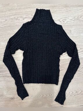 Enza Costa Black Ribbed Turtleneck with Silver Shimmer